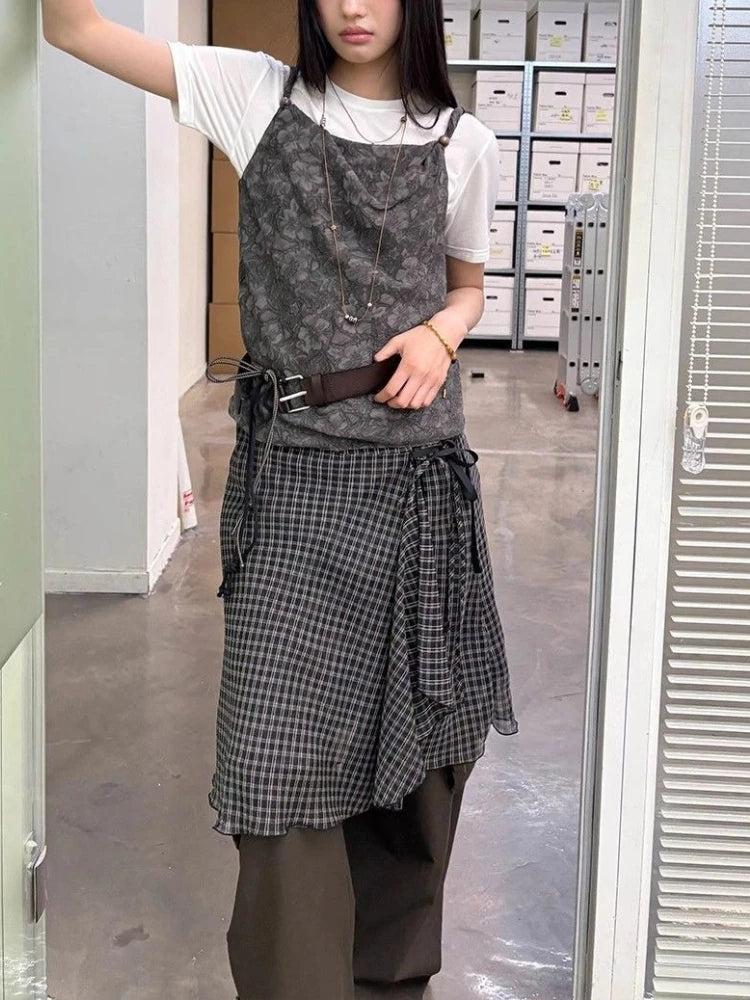 Japanese Asymmetrical Plaid Mesh Mid Skirt