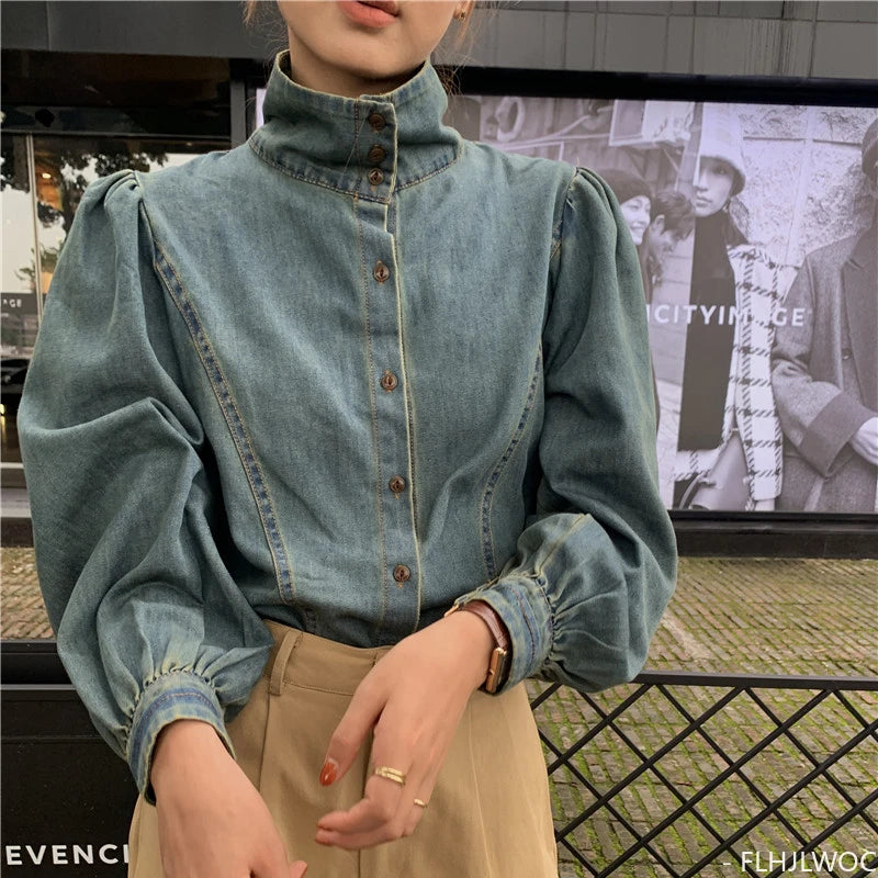 Denim Single-Breasted Button Balloon Sleeve Shirt