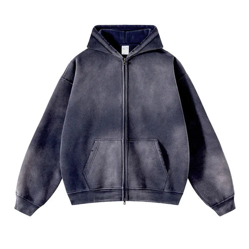 Oversize Long Sleeve Faded Washed Double Zipper Hoodies