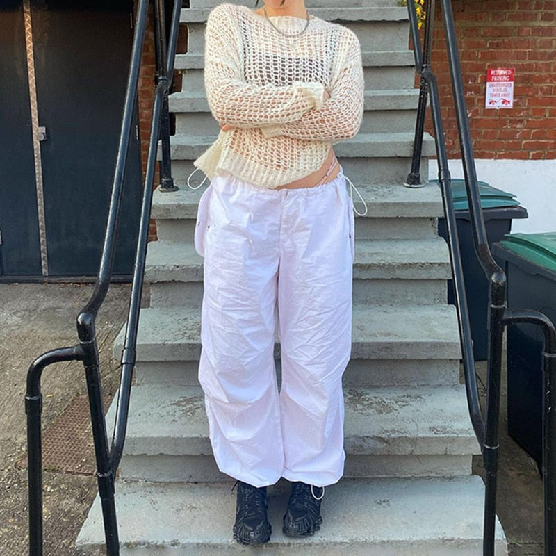 Drawstring Wide Leg Parachute Pants