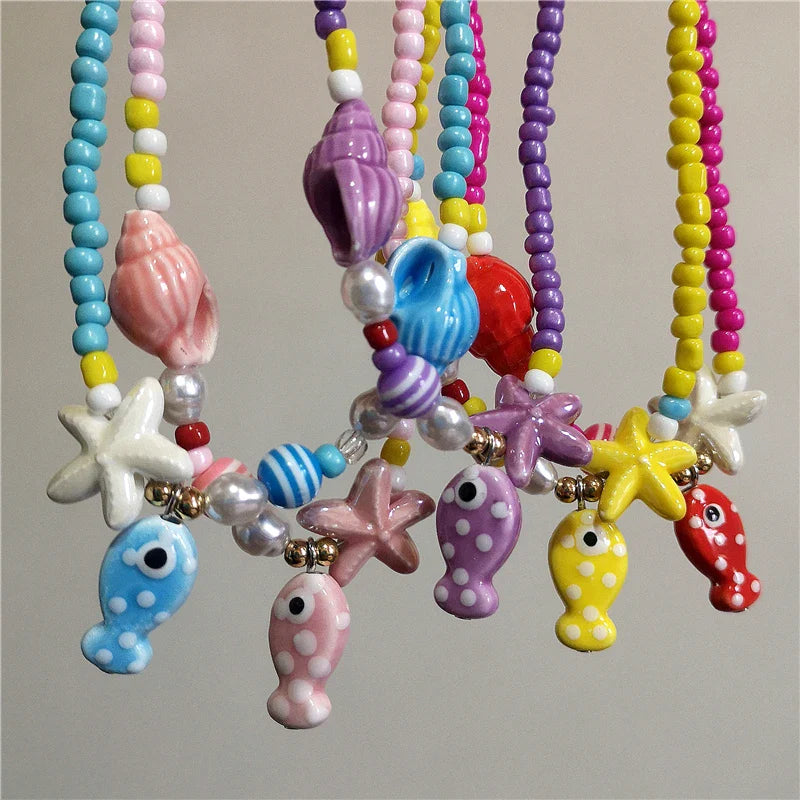 Ceramic Fish Starfish Shell Combo Necklace