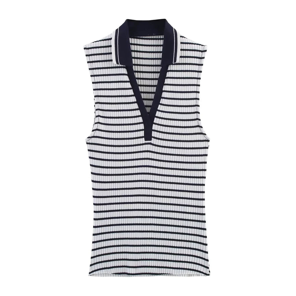 Ribbed Sleeveless Polo Collar T-shirt