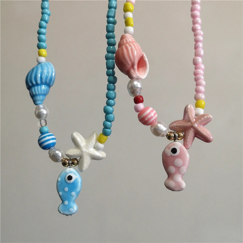 Ceramic Fish Starfish Shell Combo Necklace