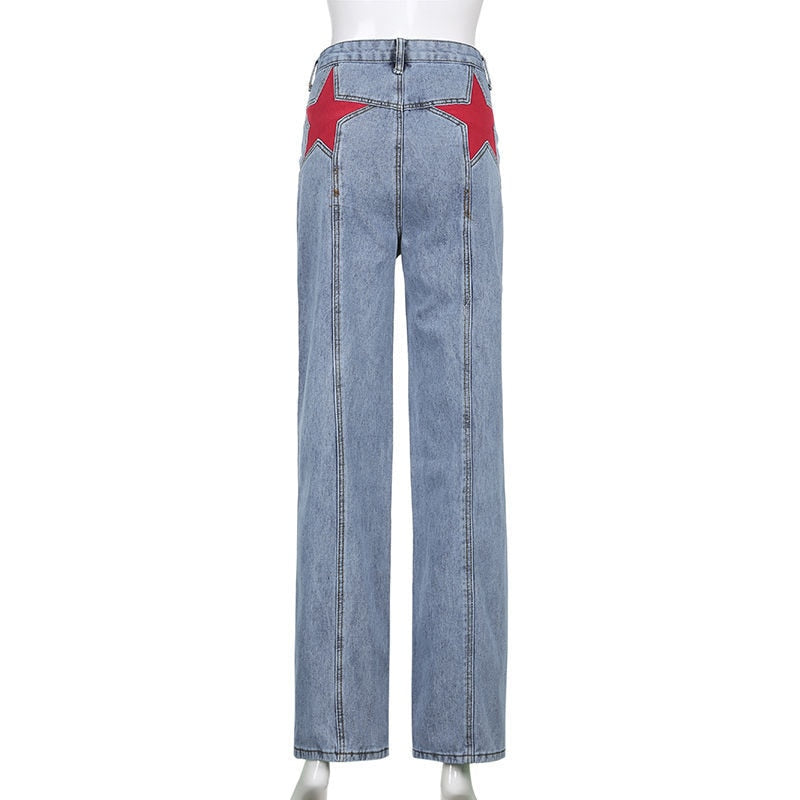 Retro Five Pointed Star Straight Leg Jeans