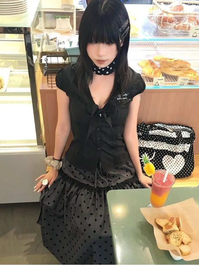 High Waist Polka Dot Patchwork Lace Skirt