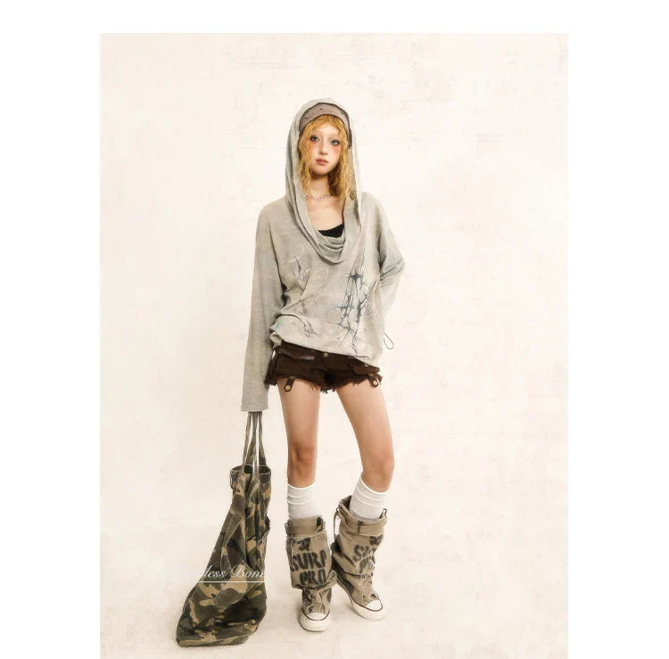 Hooded Irregular Swing Collar Pullover