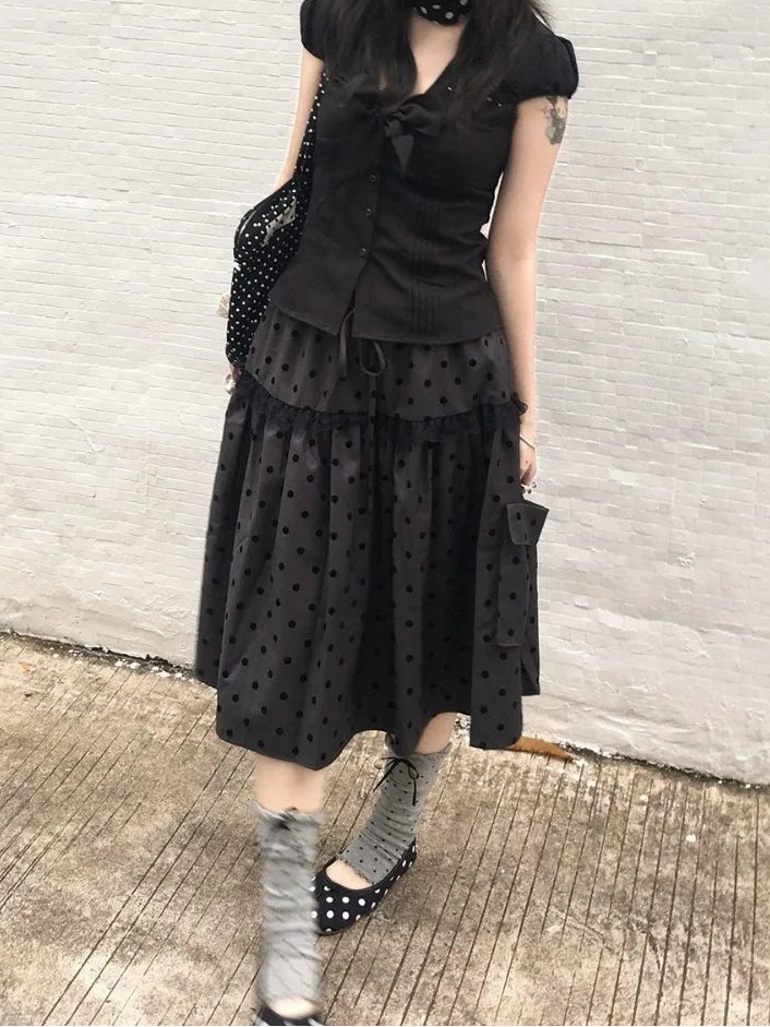 High Waist Polka Dot Patchwork Lace Skirt