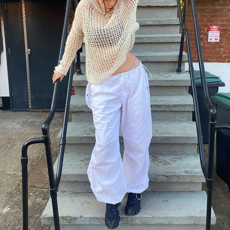 Drawstring Wide Leg Parachute Pants