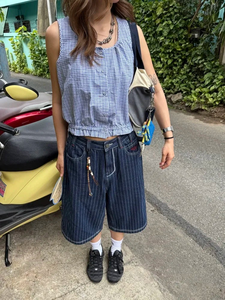 JPY Pin Striped Calf Length Denim Shorts