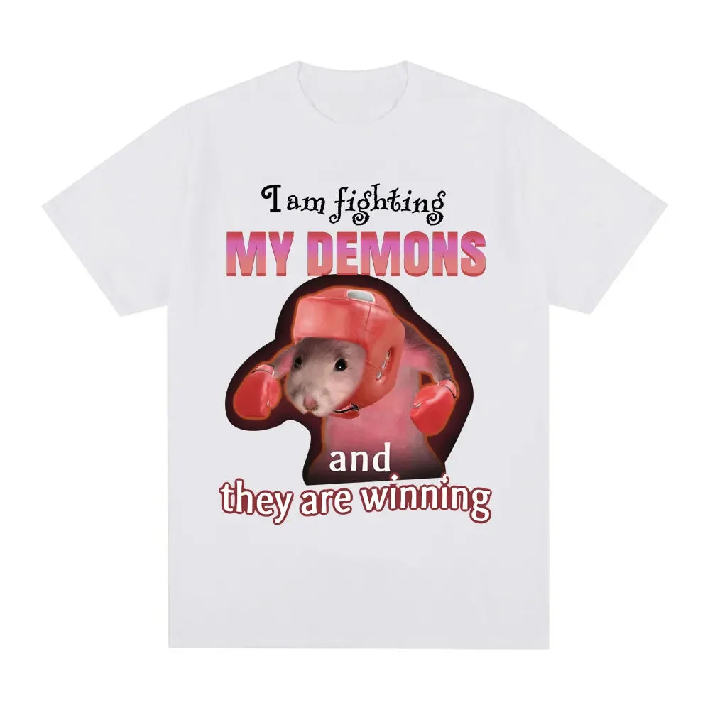 Funny I Am Fighting My Demons and The Are Winning Rat Meme Tee
