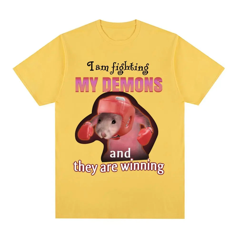 Funny I Am Fighting My Demons and The Are Winning Rat Meme Tee
