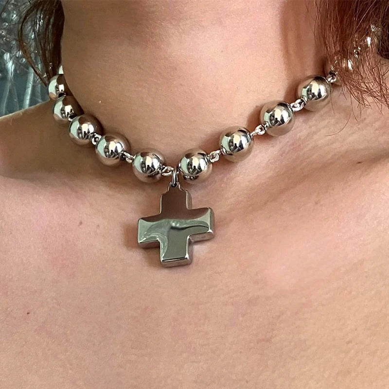 Chrome Cross Round Beaded Chains Necklace
