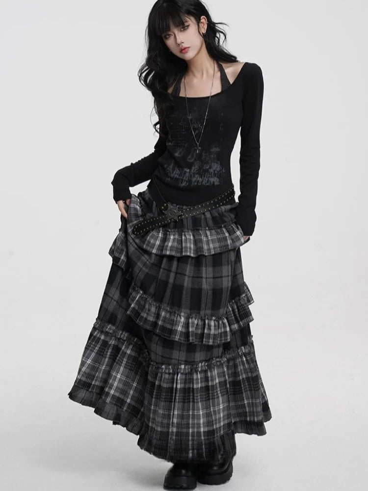 Vintage Long Plaid Ruffle Skirt