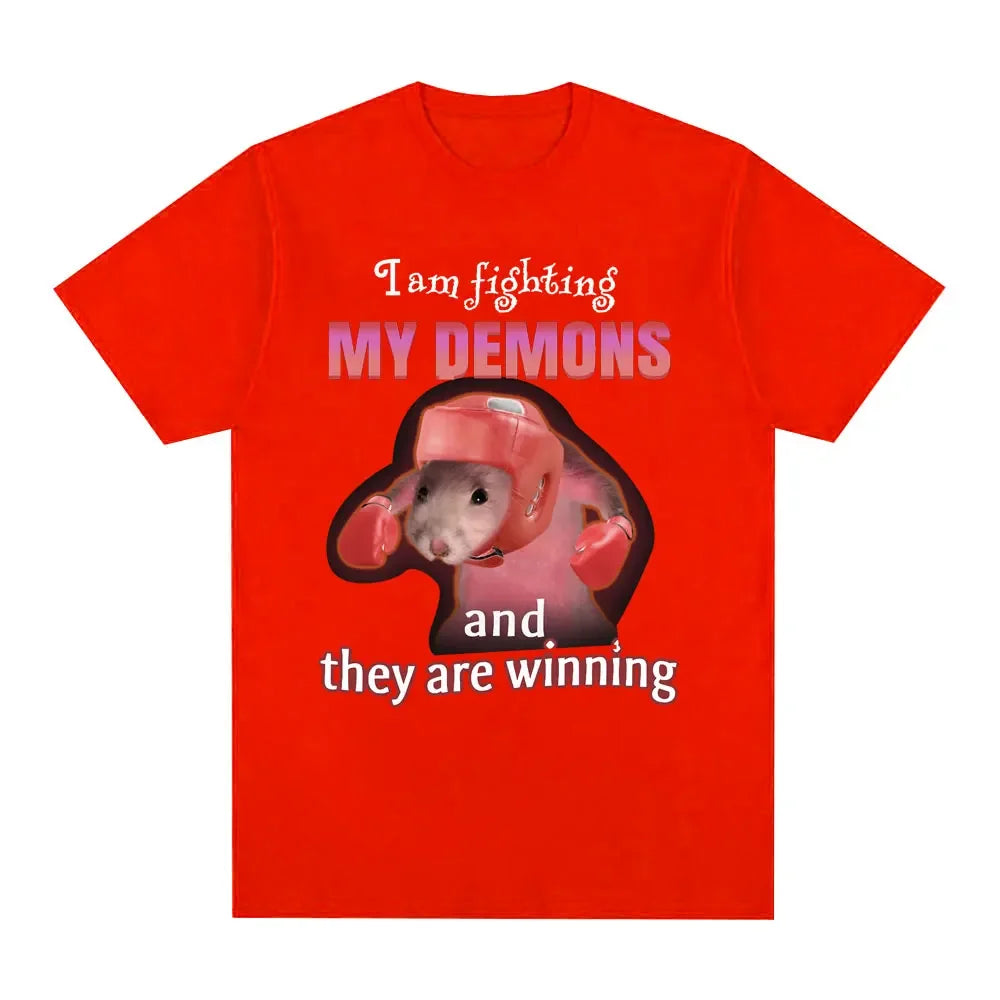 Funny I Am Fighting My Demons and The Are Winning Rat Meme Tee