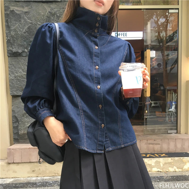 Denim Single-Breasted Button Balloon Sleeve Shirt