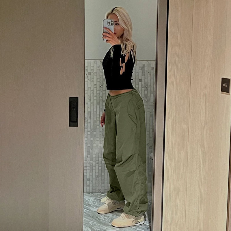 Drawstring Wide Leg Parachute Pants
