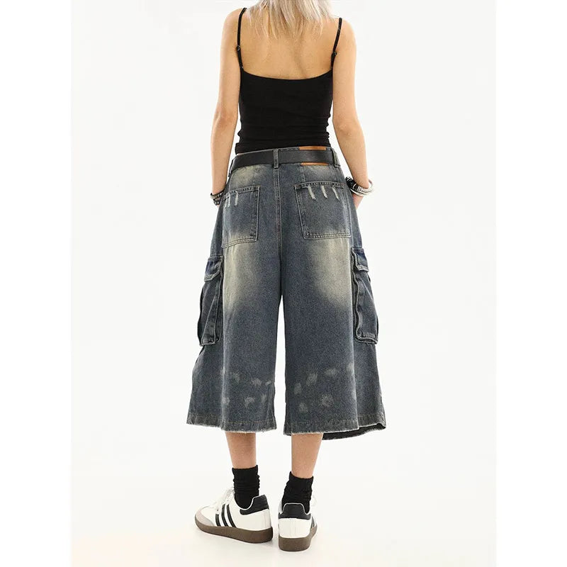 Vintage Washed Denim Cargo Shorts