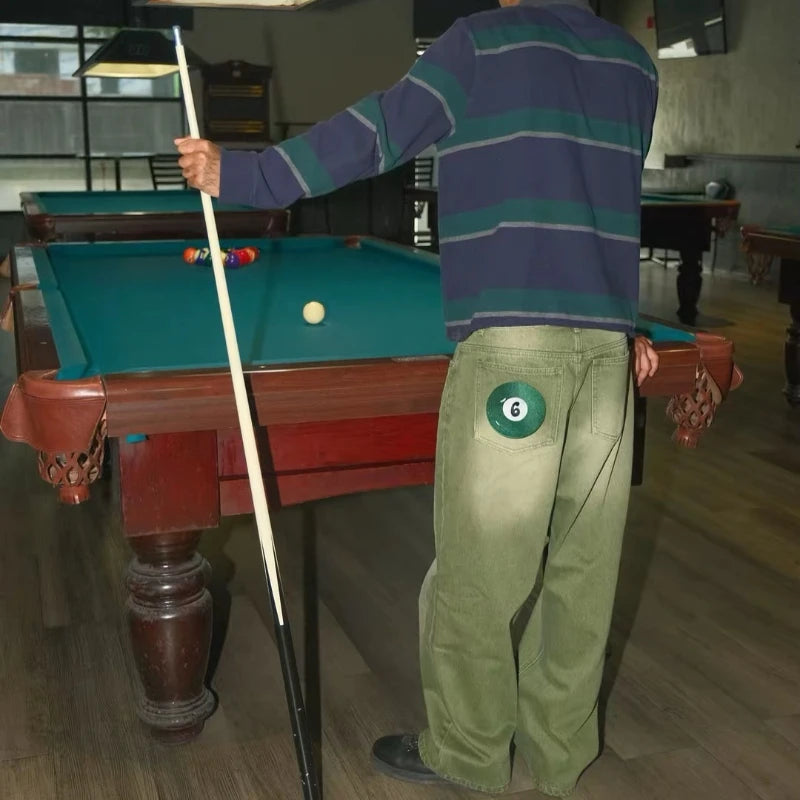 Matcha Dyed 6 Ball Embroidered Baggy Jeans