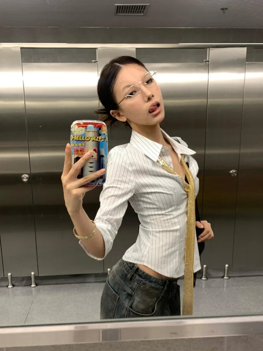Korean Striped Three Quarter Slim Shirt