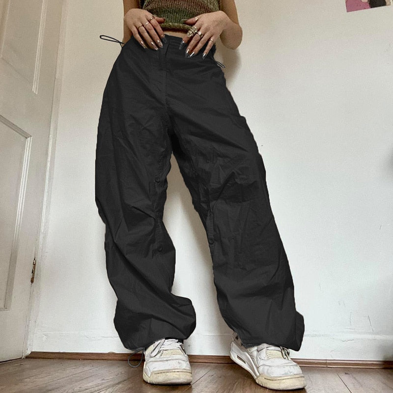Drawstring Wide Leg Parachute Pants