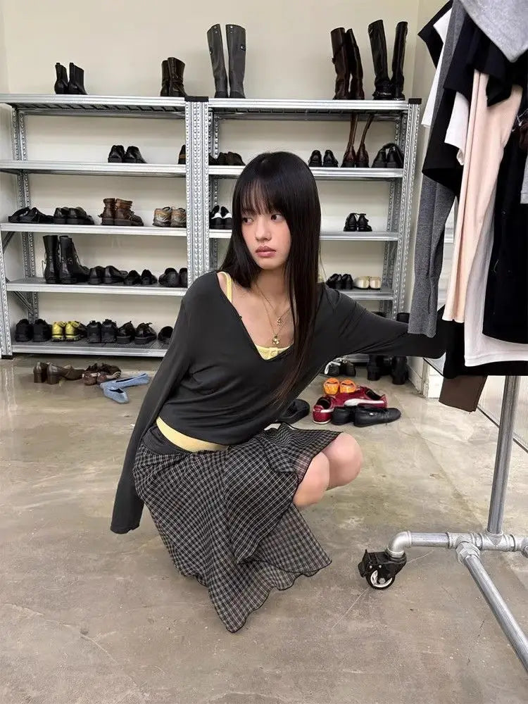 Japanese Asymmetrical Plaid Mesh Mid Skirt