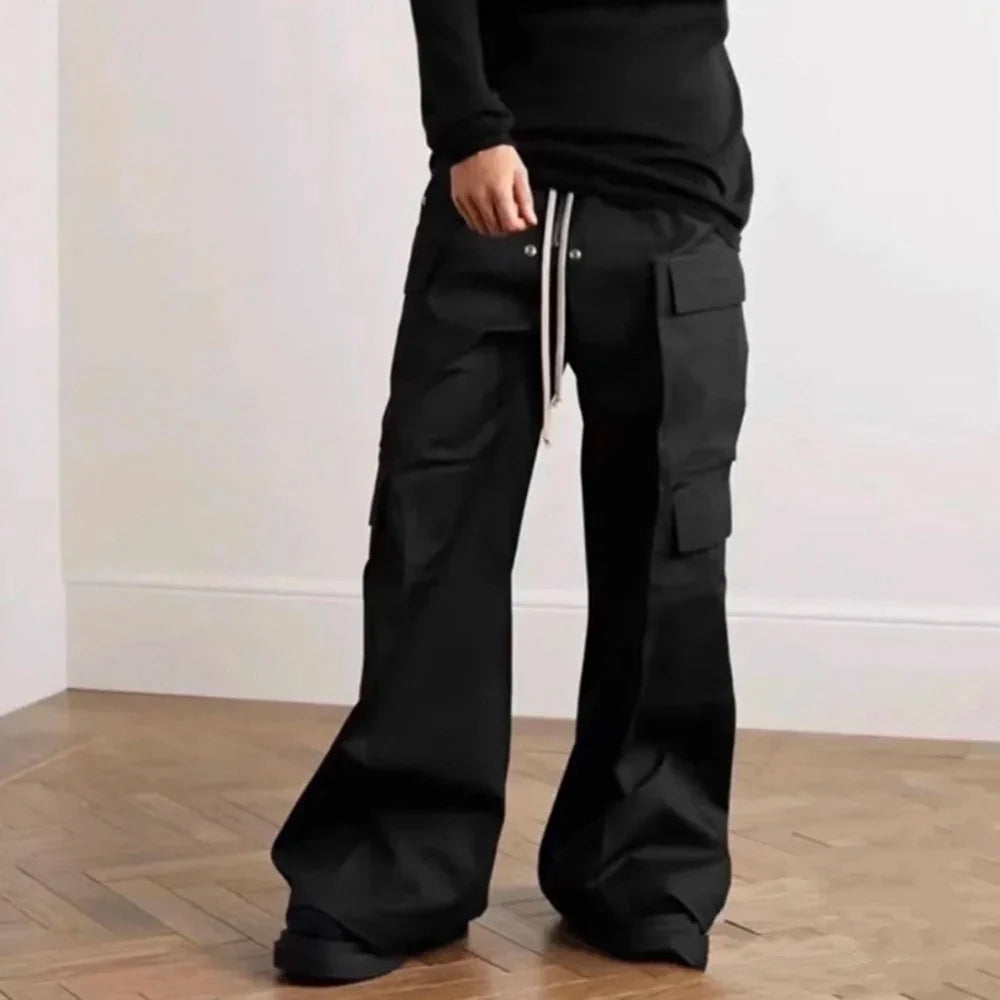 Wide Leg Drawstring Black Cargo Pants