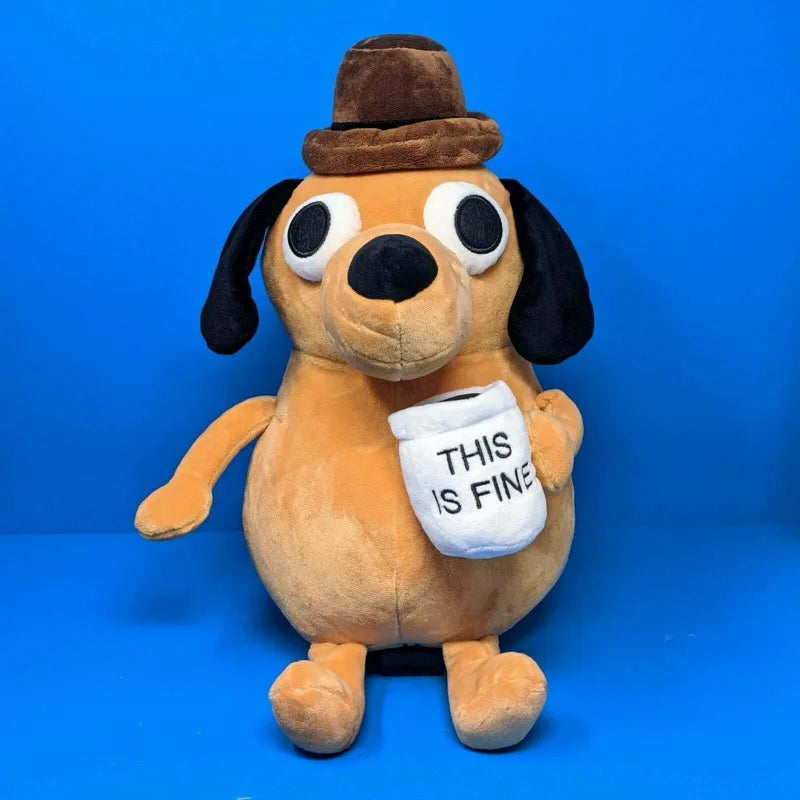 25cm This Is Fine Meme Coffee Dog Plush Toy