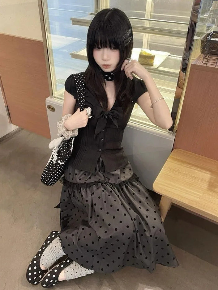 High Waist Polka Dot Patchwork Lace Skirt