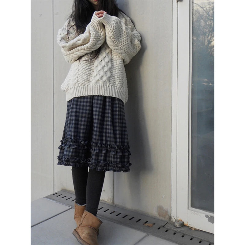 Japanese Plaid Midi Ruffle Skirt