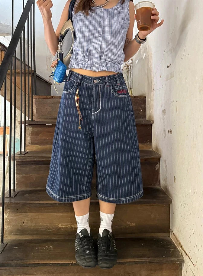 JPY Pin Striped Calf Length Denim Shorts