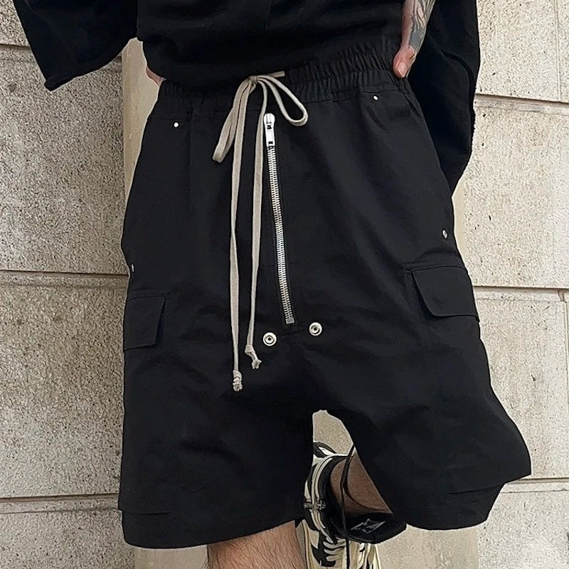 Multi-pocket Drawstring Black Cargo Shorts