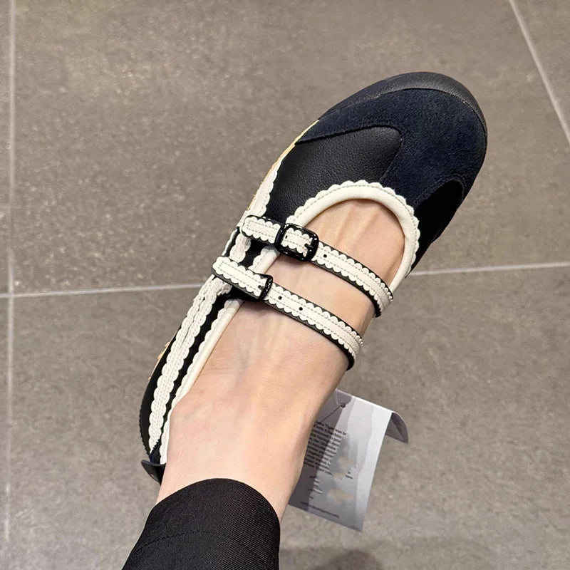 Flat Ballet Shoes Black & White Cross Strap Mary Janes