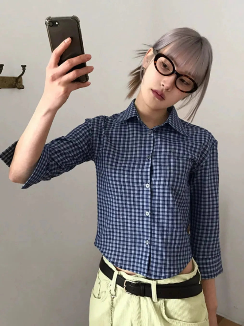 Cropped Women Korean Plaid Shirt