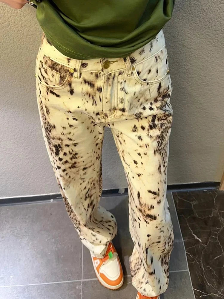 Baggy Wide Leg Leopard Jeans