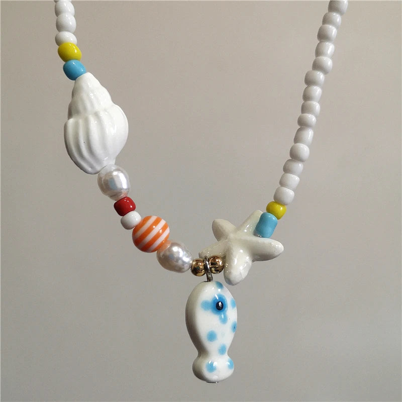 Ceramic Fish Starfish Shell Combo Necklace