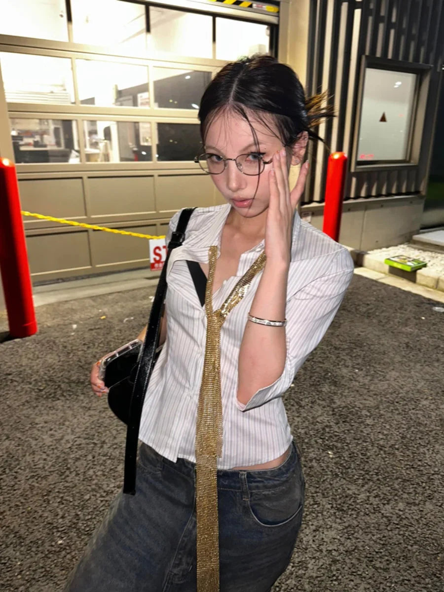 Korean Striped Three Quarter Slim Shirt