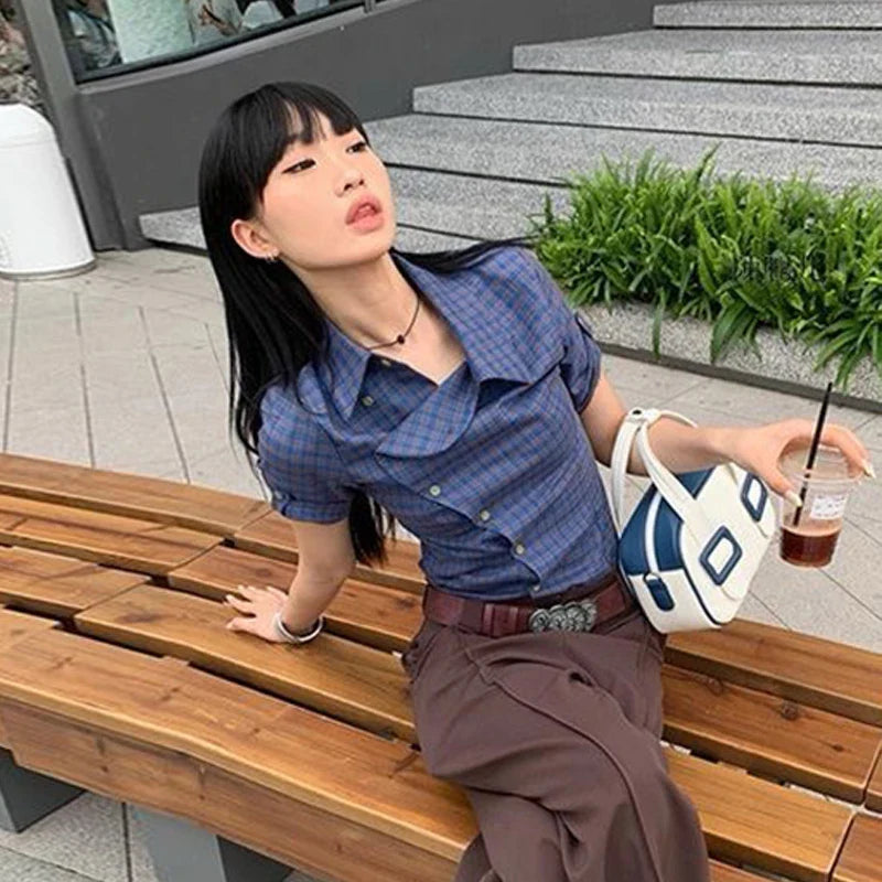 Vintage Plaid Asymmetrical Shirt
