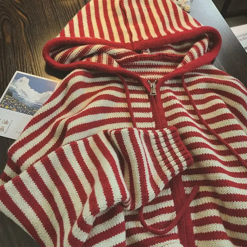 Oversized Knitted Striped Hooded Cardigan