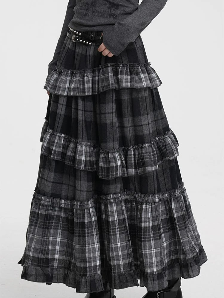 Vintage Long Plaid Ruffle Skirt
