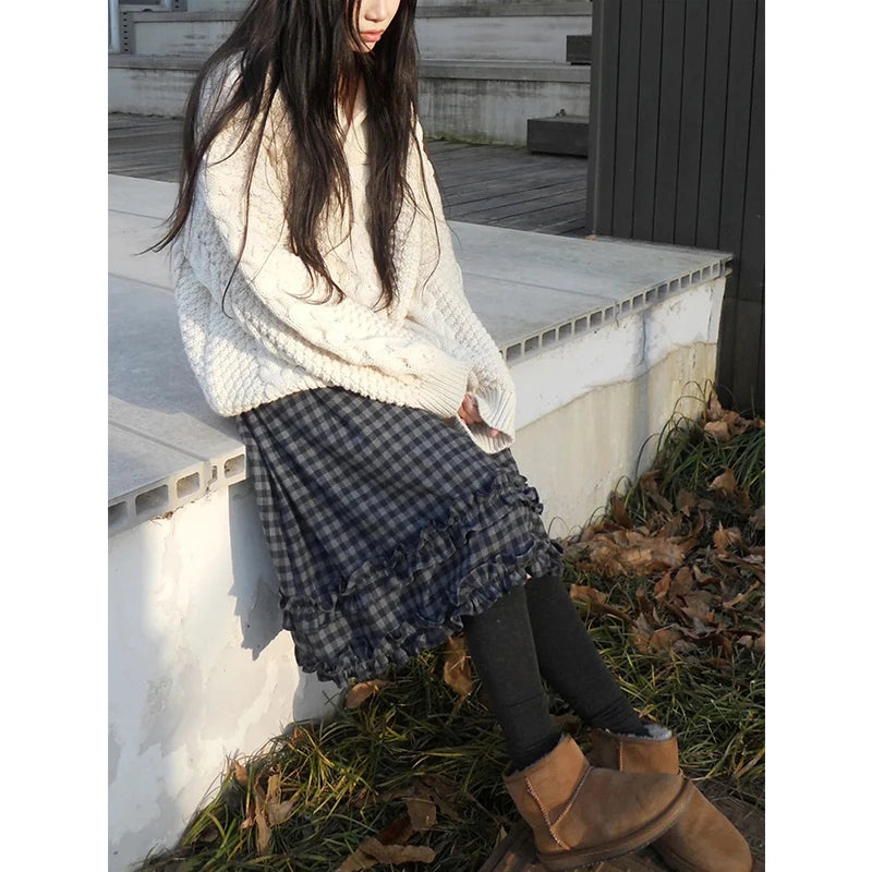 Japanese Plaid Midi Ruffle Skirt