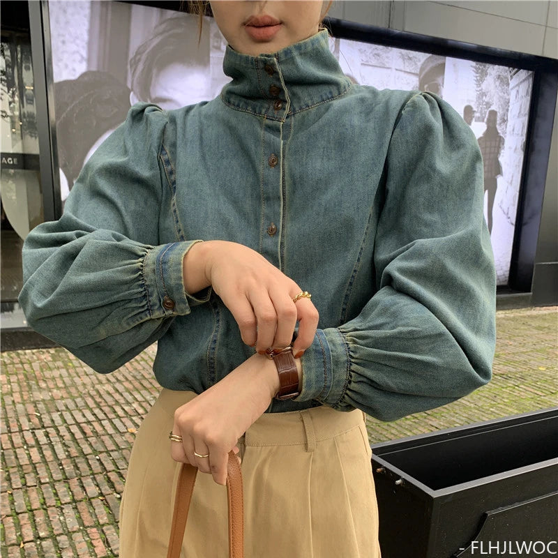 Denim Single-Breasted Button Balloon Sleeve Shirt