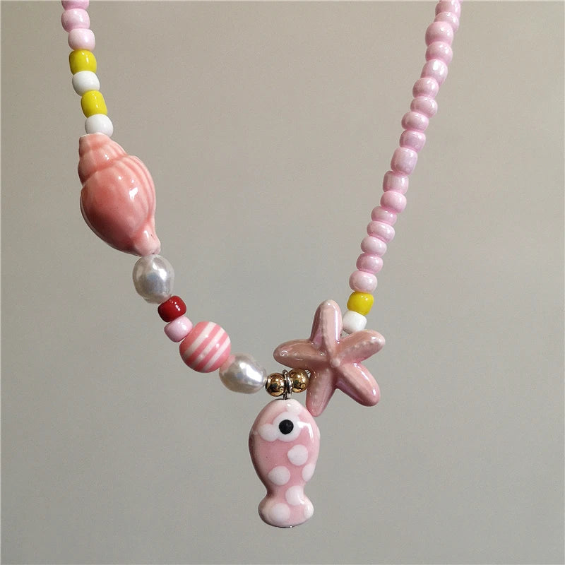 Ceramic Fish Starfish Shell Combo Necklace