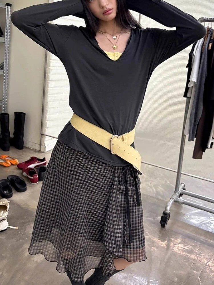 Japanese Asymmetrical Plaid Mesh Mid Skirt