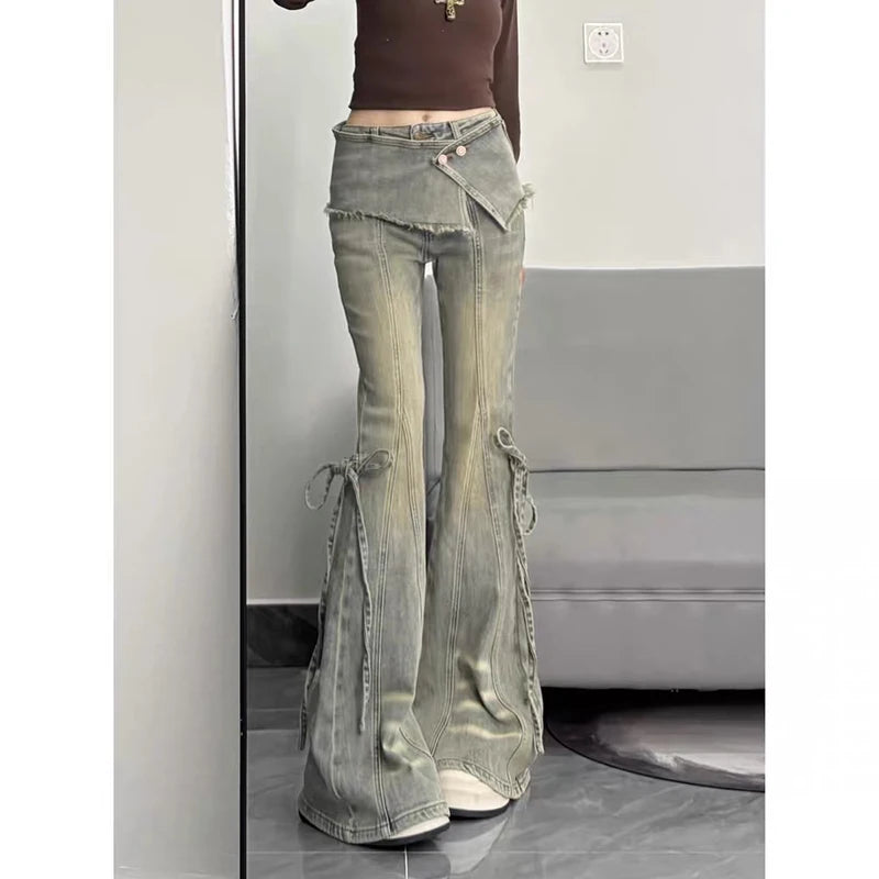 Low Waisted Flare Denim Pant With Skirt