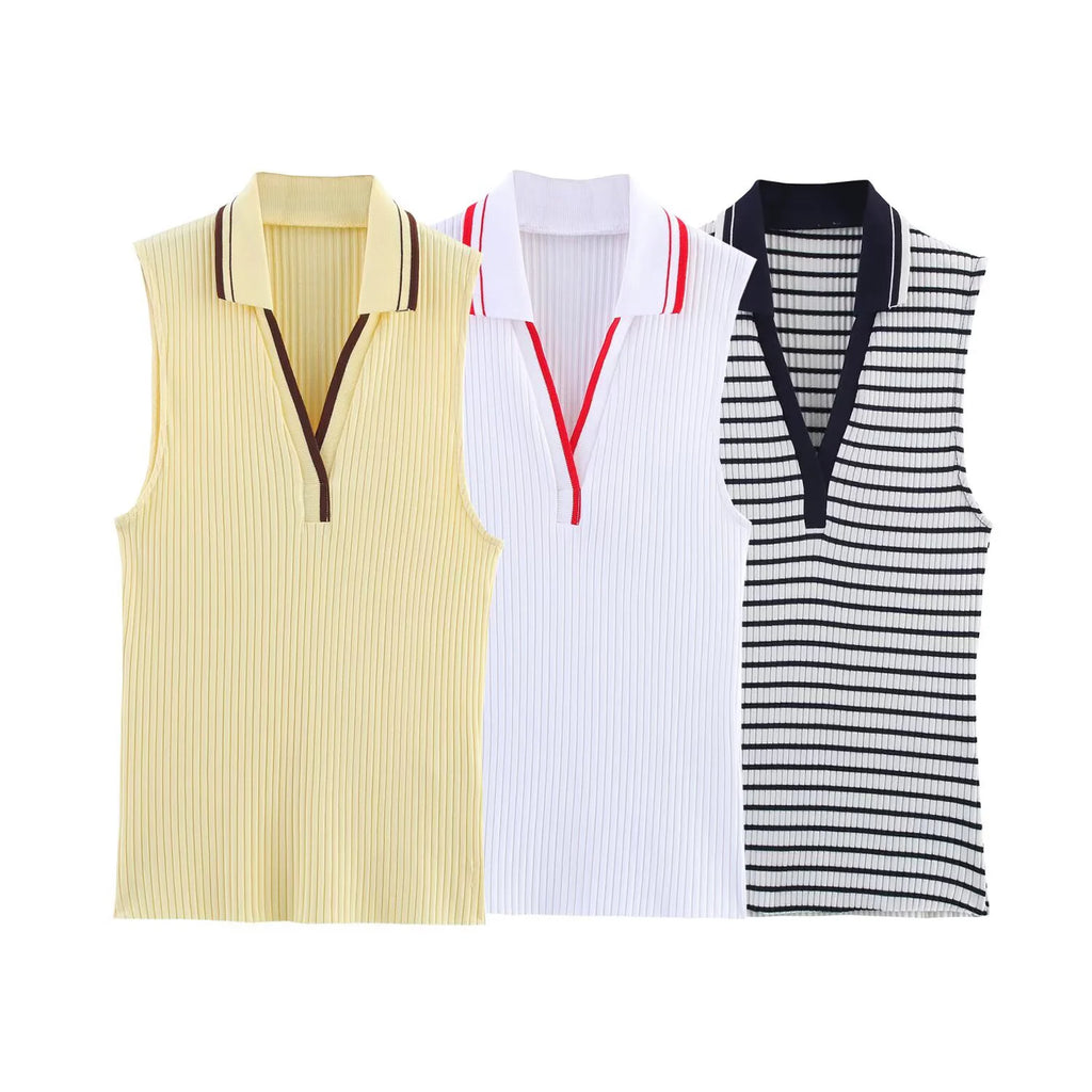 Ribbed Sleeveless Polo Collar T-shirt