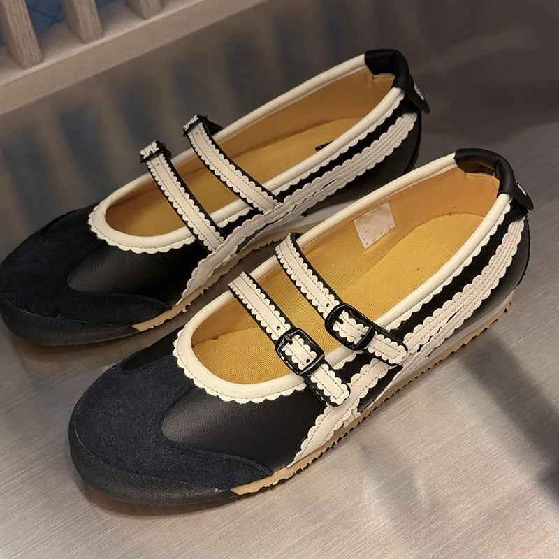 Flat Ballet Shoes Black & White Cross Strap Mary Janes