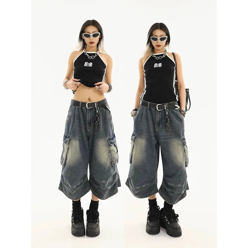 Vintage Washed Denim Cargo Shorts