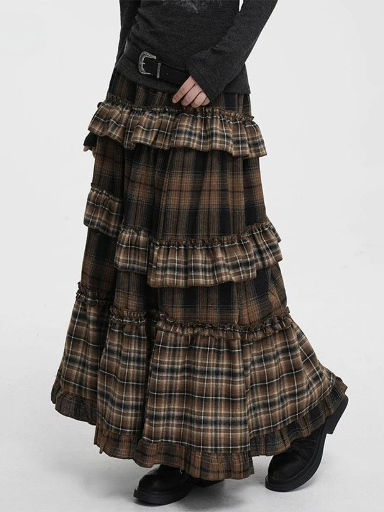 Vintage Long Plaid Ruffle Skirt
