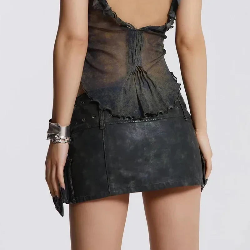 High Waist Slim Fit A-line Buckle Mini Skirt