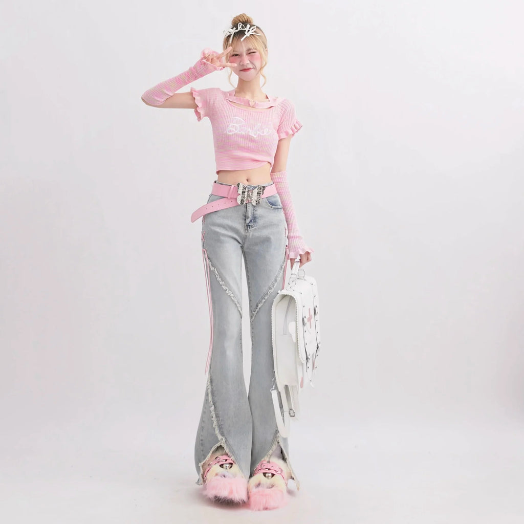 High Waist Bell Bottom Laced Jeans